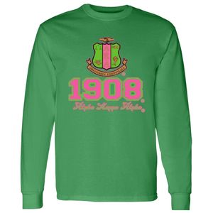 T-shirt vert à manches longues avec imprimé graphique 1908, col rond, décontracté, haut pour femme, mode streetwear, vêtement pour tous les jours - Product Image 1