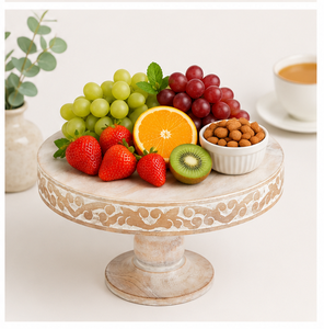 Handcrafted Mango Wood <b>Cake</b> <b>Stand</b> With Intricate Scroll Carvings Elegant <b>White</b>-Wash Finish Pedestal For Wedding <b>Cakes</b> Dessert - Product Image 2