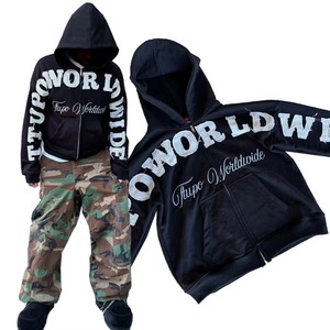 Sweat à capuche zippé en coton premium 450 GSM noir, brodé et vieilli, effet délavé à l'acide, style streetwear personnalisé - Product Image 1