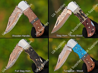 Couteau utilitaire pliant EDC à pointe clip, en acier Damas cuivré, manche en corne de cerf et bois de rose, personnalisable, DIY, OEM, pour camping et chasse