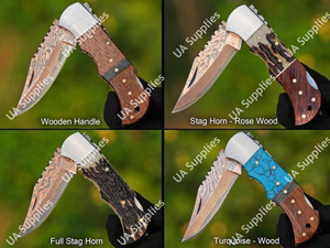 Couteau utilitaire pliant EDC à pointe clip, en acier Damas cuivré, manche en corne de cerf et bois de rose, personnalisable pour le camping, la chasse et la pêche - Product Image 6