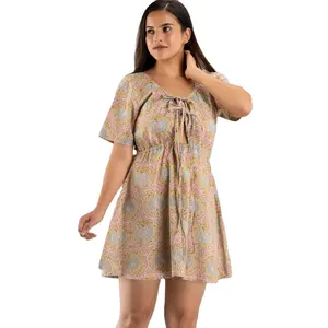 New Arrival Women Fit and Flare Beige Dress Floral Crepe Printed Classy & Short Fancy Top Short Sleeves Mini Dress For Women