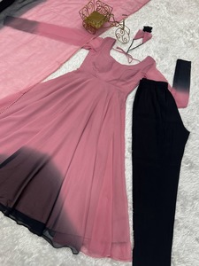 Reversible Georgette Anarkali <b>Saree</b> Set Pink <b>Purple</b> Wedding Party Women's Festive Dress with Dupatta - Product Image 2