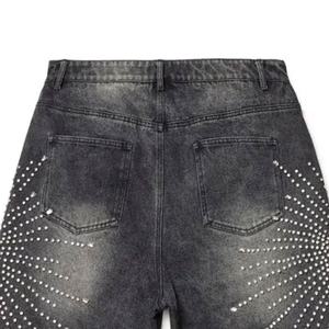 SE812 <b>Mens</b> Starburst Rhinestone Denim <b>Shorts</b> Washed <b>Black</b> Symmetrical Crystal Design Acidwash Allover Rhinestones Denim <b>Shorts</b> - Product Image 5