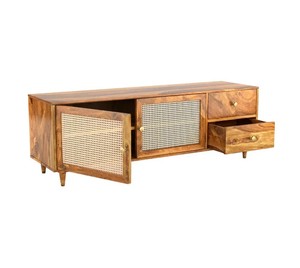 Mid-Century Modern Solid Wood <b>TV</b> Unit with Rattan Doors | Boho Media Console | Jodhpur Export - Product Image 5