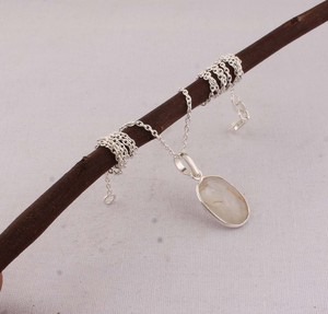 Natural Gold Rutile Stone Pendant in <b>Solid</b> 925 <b>Silver</b> Minimalist Oval Crystal <b>Necklace</b> Simple Wealth Stone Daily Wear Jewelry - Product Image 3