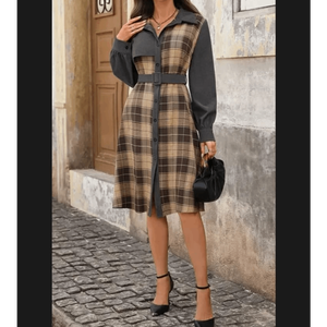 Vestido midi tipo camisa con cinturón y estampado de cuadros para mujer – Ropa informal vintage para otoño - Product Image 2