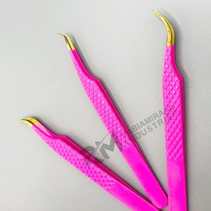 Pinzas de Precisión para Pestañas RMI de Acero Inoxidable Antiestático con Punta Lisa de 10 mm, Punta de Plasma Dorada y Recubrimiento en Polvo Rosa - Product Image 1