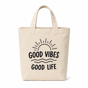 กระเป๋าผ้าแคนวาส Good Vibes Good Life สีเบจ หูหิ้วด้านบน ปิดแบบปรับแต่งได้ พับเก็บได้ ลายพิมพ์ดวงอาทิตย์และคลื่น สำหรับช้อปปิ้งและเดินทาง - Product Image 1