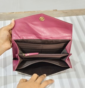 2026 Handmade Genuine Leather Long <b>Wallet</b> With Floral Embossing Fold Closure Women's Bohemian Style Pink & White Color Daily Use - Product Image 3