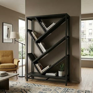 Étagère ouverte contemporaine en bois massif géométrique, noir mat, avec étagères inclinées, présentoir, bibliothèque en forme d'arbre, meuble de salon - Product Image 2