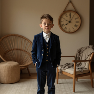 Ensemble de costume 3 pièces bleu marine pour garçons |   Blazer, gilet et pantalon formels |   Costume de mariage pour enfants |   Tenue de fête pour porte-anneau - Product Image 1
