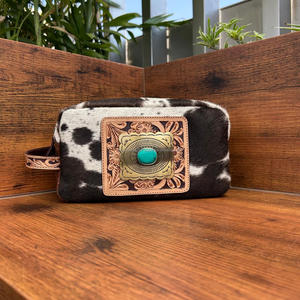 Neceser de viaje de cuero mecanizado a mano, bolsa de cosméticos de piedra turquesa de gran capacidad, bolsa de maquillaje de almacenamiento portátil de piel de vaca, novedad de 2025 - Product Image 4