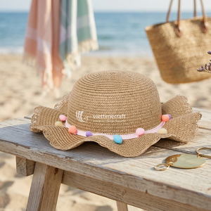 <b>Girls</b> Straw <b>Hat</b>, Summer <b>Sun</b> <b>Hat</b> with Scalloped Rim, Ribbon Beach <b>Hat</b> for Kids & Toddlers - Product Image 5