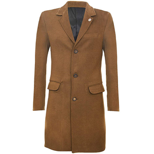 Men's Brown Woolen Double Breasted Long <b>Overcoat</b> With Belt Turn-down Collar Solid Color Autumn Winter Outerwear - Product Image 2