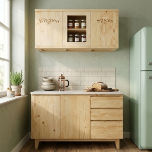 Mueble de Cocina Rústico de Madera Maciza, Gabinete de Especias Montado en la Pared con Puerta de Vidrio, Consola de Almacenamiento con Cajones, Mueble de Despensa - Product Image 5