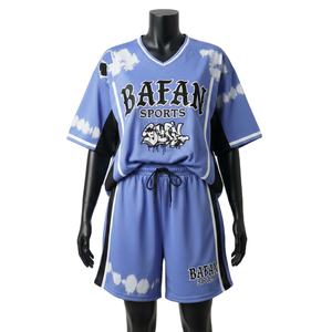 Ensemble short et maillot de baseball pour femme en tissu interlock polyester premium, panneau en maille bleu-noir, logo personnalisé, ensembles pour femme 100% coton - Product Image 1