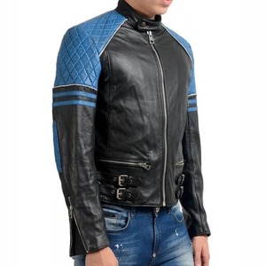 <b>Men</b>’s Quilted <b>Biker</b> Stylish Black and Blue Leather <b>Jacket</b> - Product Image 3