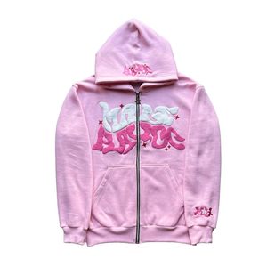 Sudadera con capucha extragrande personalizada con cremallera completa, color rosa bebé, de felpa gruesa de algodón, estilo urbano, con estampado en relieve. - Product Image 1