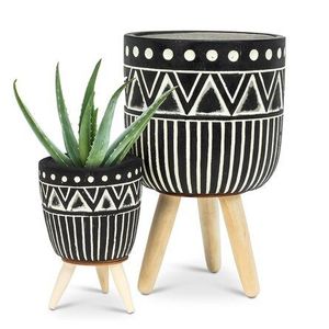 Red Metal Flower <b>Pot</b> with White Tree Pattern on Wooden Stand for Indoor Desktop Use - Product Image 4