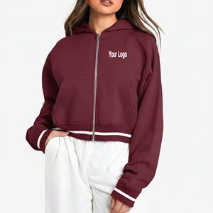 เสื้อฮู้ดครอปท็อปแบบซิปสำหรับผู้หญิง สตรีทแวร์ ปักโลโก้ตามสั่ง OEM/ODM ผ้าถักแบบริบ สีพื้น สำหรับใส่ในฤดูร้อน - Product Image 1