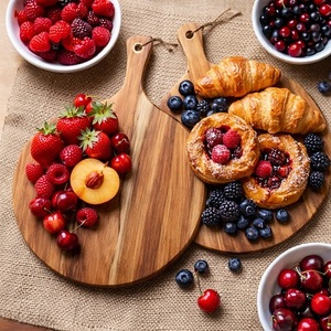 Tabla de servir redonda clásica de bambú antideslizante y sostenible con asa para exhibir frutas y pasteles, tabla de cortar, bandeja para pizza - Product Image 1