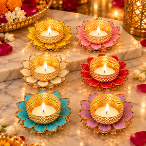 Decorative Lotus Tealight Holder Pack of 6 Mix <b>Colours</b> for Diwali Decoration Home Decor Festive Table Candle Holder <b>Set</b> - Product Image 4