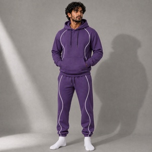 Men's <b>Purple</b> Hooded Tracksuit Set with White Contrast Piping Pullover Hoodie and Jogger Pants for Casual Streetwear - Product Image 1