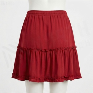 Jupe courte trapèze rouge pour femme avec taille élastique et volants, style doux, en mousseline de soie, couleur unie, pour toutes les saisons, tenue décontractée - Product Image 2
