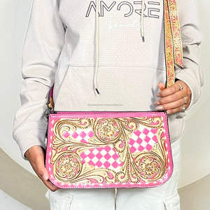 Bolsos cruzados de cuero a cuadros con diseño floral en rosa y blanco, modernos y de primera calidad, bolsos de hombro de cuero genuino para mujer. - Product Image 4