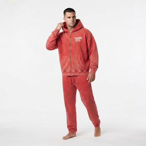 Conjunto de dos piezas de chándal de alta calidad para hombre: Sudadera con capucha extragrande con cremallera completa, lavado ácido, hombros caídos, bolsillo canguro y pantalón con cordón. - Product Image 2