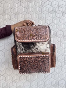 Hand <b>Tooled</b> Leather Cowhide <b>Backpack</b> With Floral Carving Unisex Bohemian Style Multiple Pockets Zipper Closure Daily Use Bag - Product Image 6