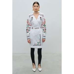 Wholesale <b>Women</b> <b>White</b> Embroidered Wrap Style Midi Kurti Dress Floral Ethnic Tunic with Long Sleeves Eco-Friendly Natural Waist - Product Image 1