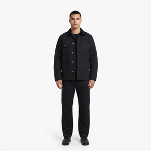 Black Cotton Twill <b>Chore</b> Coat Workwear <b>Jacket</b> European Streetwear Custom Label OEM Straight Hem Patch Pockets Tonal Workwear - Product Image 1
