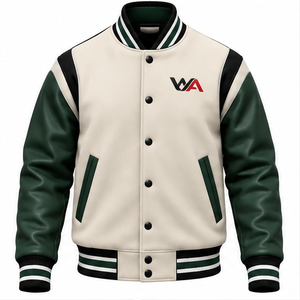Blouson Bomber Letterman en Gros Direct Usine – Corps Crème Blanc Cassé, Manches en Cuir Vert Forêt, Boutons Pression Noirs – OEM - Product Image 1