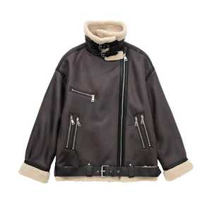 Brown Women's Genuine <b>Leather</b> Shearling Bomber Jacket With Fur Trim Zipper Closure Winter <b>Short</b> Coat Full Sleeve Windproof - Product Image 6