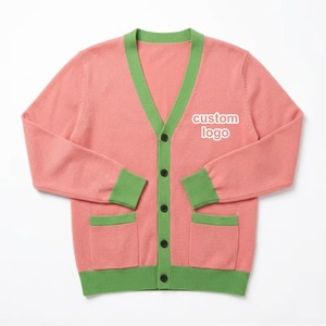 Cárdigan de punto para mujer, cuello en V, manga larga, color contrastante, con botones, estilo casual, logotipo personalizado, estilo preppy - Product Image 1