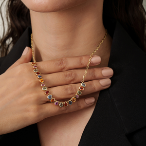 Nuevo Diseño en Tendencia, Collar de Cadena Tipo Clip de Oro Amarillo K14 con Bisel de Zafiros Multicolor Arcoíris, Estilo Medio Tennis para Mujer - Product Image 4