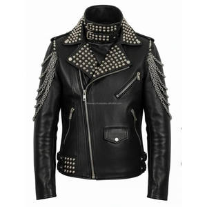 Chaqueta de Motociclista de Cuero PU Negra para Hombre, Estilo Punk con Remaches, Cadenas y Cremallera, Cuello Alto, Corte Ajustado, Otoño-Invierno - Product Image 1