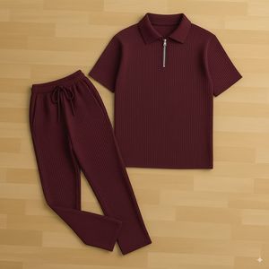 Men's Ribbed Knitted for <b>Shirt</b> Set Short Sleeve Zipper <b>Collar</b> <b>T</b>-<b>Shirt</b> and Drawstring Pants Casual Summer Wear - Product Image 2