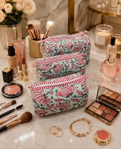 Sky Blue Floral Cosmetic Bag With Red Stripe Zipper Medium Size Portable <b>Makeup</b> Toiletry <b>Case</b> Bohemian Style Textile Bag - Product Image 1