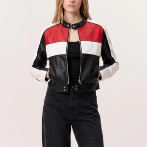 Women's Racing Leather <b>Jacket</b>, Cropped Black Red <b>White</b> Moto <b>Jacket</b> - Product Image 4