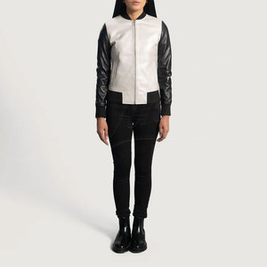 Women White and Black Genuine Leather <b>Bomber</b> <b>Jacket</b> Slim Fit Two Tone Premium Sheepskin Casual Winter Outerwear Fashion Coat - Product Image 3
