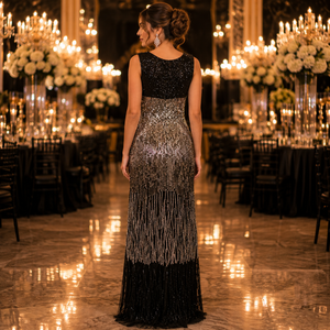 Luxury Black <b>Silver</b> Sequin Evening Gown Sleeveless Round Neck Fringe Hem Formal Party Cocktail Maxi <b>Dress</b> Elegant Glamorous Wear - Product Image 4