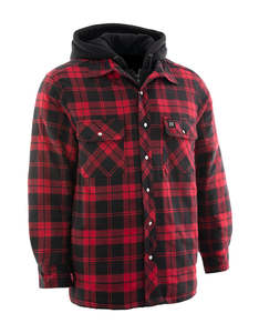 Red Black Plaid Hooded Flannel Shirt Protective Kevlar <b>Jacket</b> Quilted Lined Long Sleeve - Product Image 6