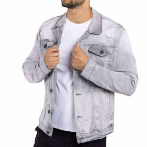 Veste en jean gris clair pour homme, coupe ajustée décontractée, col rabattu, boutonnée, délavée, manches classiques, manteau streetwear d'automne - Product Image 2