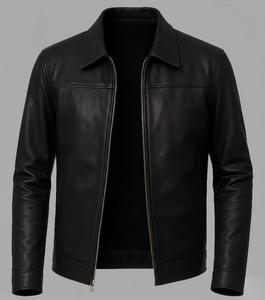 Chaqueta de Motociclista de Cuero Genuino Negro para Hombre, Cuello Camisero, Cierre de Cremallera, Manga Regular, para Otoño - Product Image 1