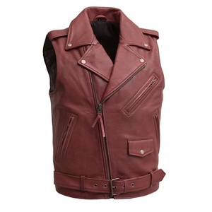 Gilet de motard en cuir bordeaux pour homme, veste sans manches en cuir véritable avec fermeture éclair asymétrique et ceinture, coupe ajustée sur mesure - Product Image 1