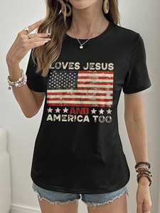 T-shirt noir à manches courtes pour femmes, avec imprimé drapeau américain, Loves Jesus And America Too, col rond, haut d'été décontracté - Product Image 1