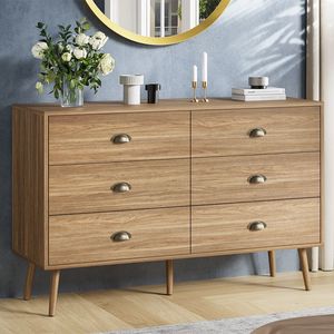 Comò in legno a 6 cassetti con maniglie in metallo camera da letto e soggiorno in stile fattoria per armadi e camere da letto - Product Image 1